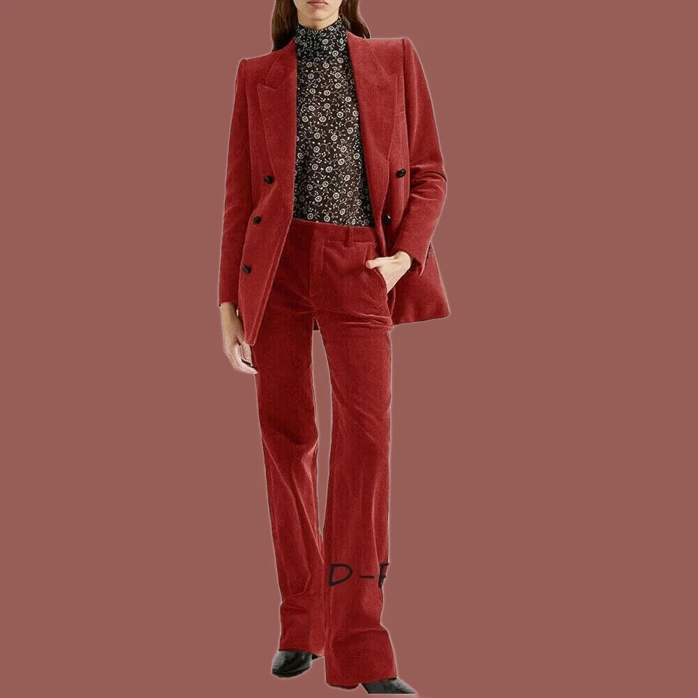 KIMLUD, Women's 2 Piece Suit Female Double Breasted Corduroy Pant Sets Fashion Slim Fit Blazer Set костюм женский, Red / XS / CHINA, KIMLUD APPAREL - Womens Clothes