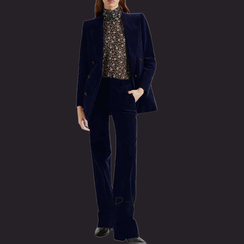 KIMLUD, Women's 2 Piece Suit Female Double Breasted Corduroy Pant Sets Fashion Slim Fit Blazer Set костюм женский, Navy Blue / XS / CHINA, KIMLUD APPAREL - Womens Clothes