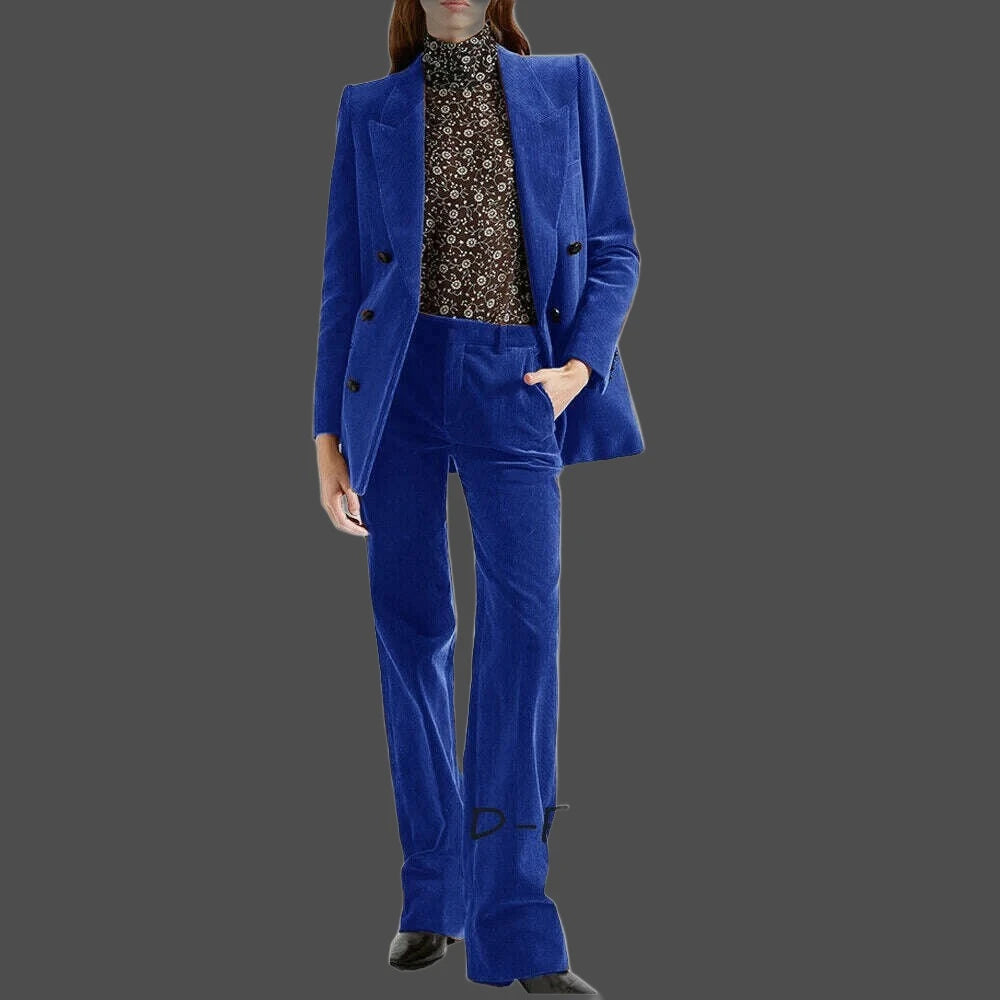KIMLUD, Women's 2 Piece Suit Female Double Breasted Corduroy Pant Sets Fashion Slim Fit Blazer Set костюм женский, royal blue / XS / CHINA, KIMLUD APPAREL - Womens Clothes