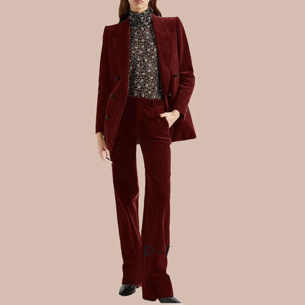 KIMLUD, Women's 2 Piece Suit Female Double Breasted Corduroy Pant Sets Fashion Slim Fit Blazer Set костюм женский, Burgundy / XS / CHINA, KIMLUD APPAREL - Womens Clothes