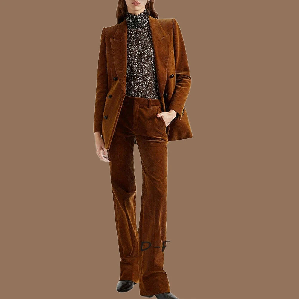 KIMLUD, Women's 2 Piece Suit Female Double Breasted Corduroy Pant Sets Fashion Slim Fit Blazer Set костюм женский, Chocolate / XS / CHINA, KIMLUD APPAREL - Womens Clothes