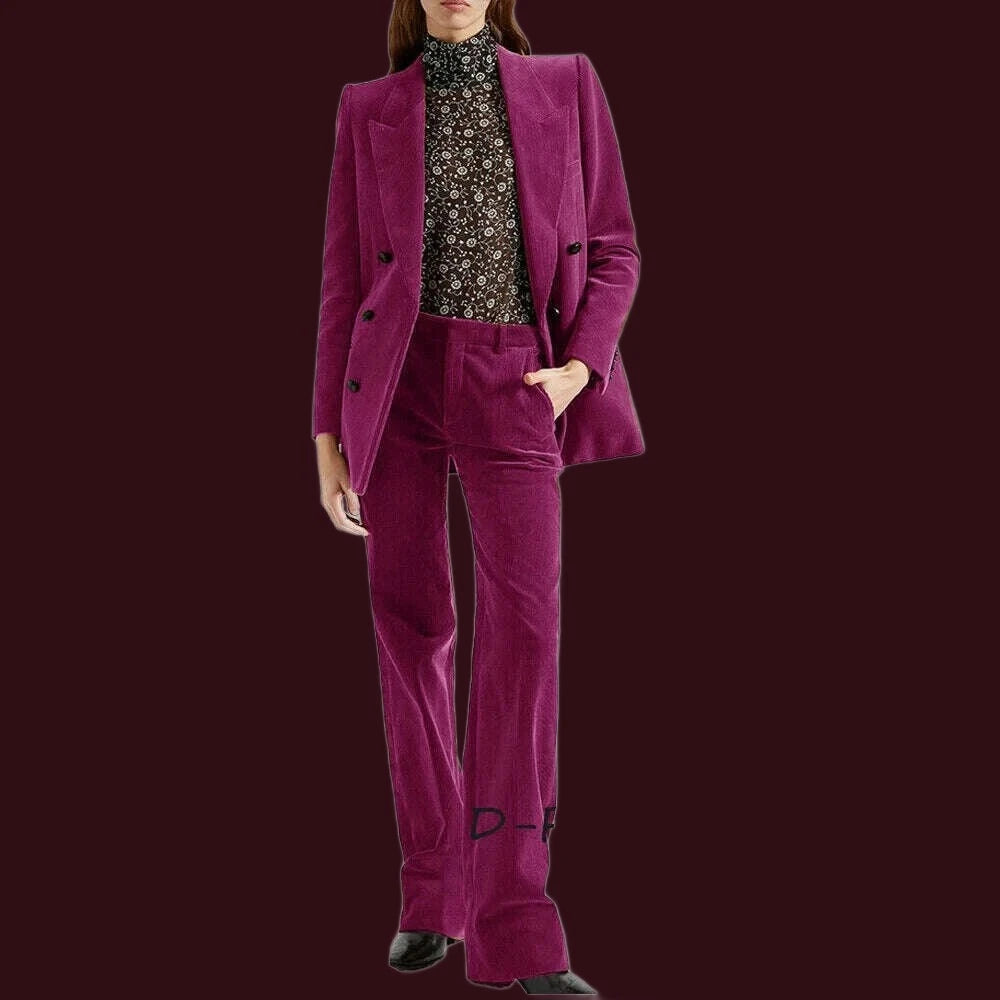KIMLUD, Women's 2 Piece Suit Female Double Breasted Corduroy Pant Sets Fashion Slim Fit Blazer Set костюм женский, Rose Red / XS / CHINA, KIMLUD APPAREL - Womens Clothes