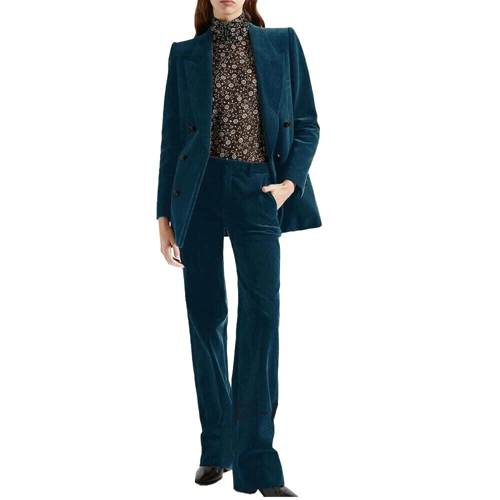 KIMLUD, Women's 2 Piece Suit Female Double Breasted Corduroy Pant Sets Fashion Slim Fit Blazer Set костюм женский, Lake Blue / XS / CHINA, KIMLUD APPAREL - Womens Clothes