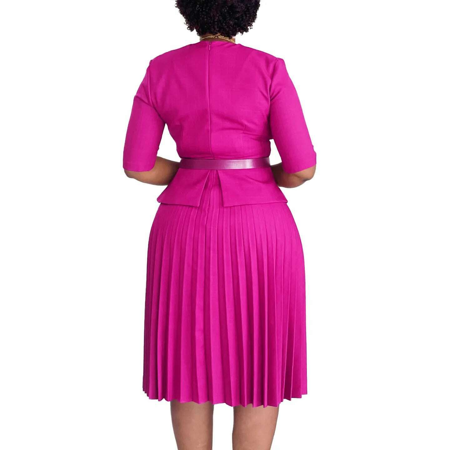 Women's 2024 new fashion plus size temperament commuter V-neck pleated dress - KIMLUD