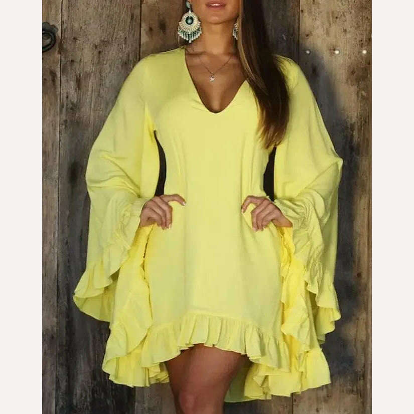 KIMLUD, Women's A Line Mini Dress, V-Neck, Slight, Stretch Design, Ruffle Hem, Bell Sleeve, Casual, Summer, Sweet, Female Fashion, New, A / S, KIMLUD APPAREL - Womens Clothes