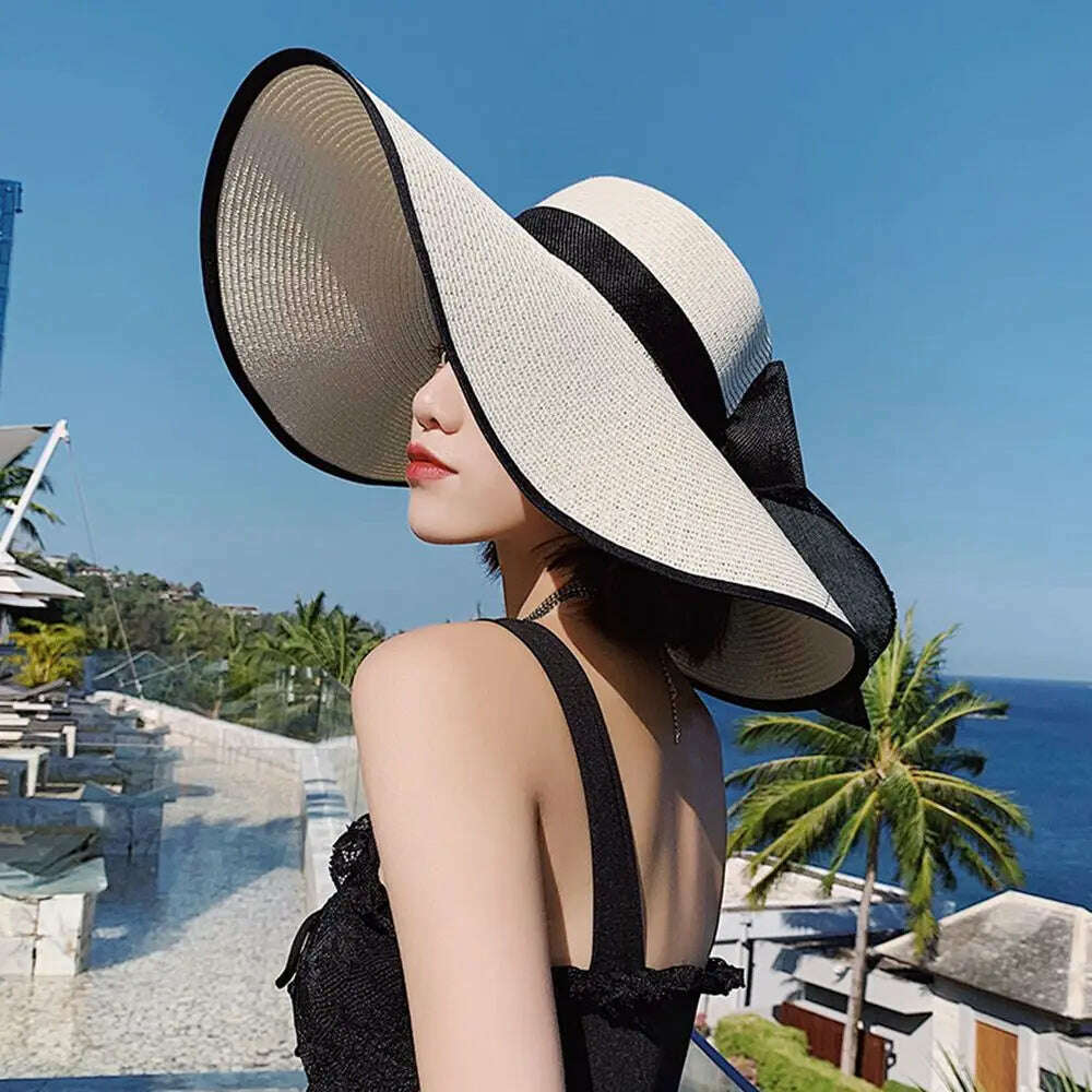 KIMLUD, Women's Big Straw Sun Hats Foldable Wide Brim UPF50+ Summer Beach Holiday Roll up Cap Elegant Panama Fashion Fisherman Hat, KIMLUD Womens Clothes