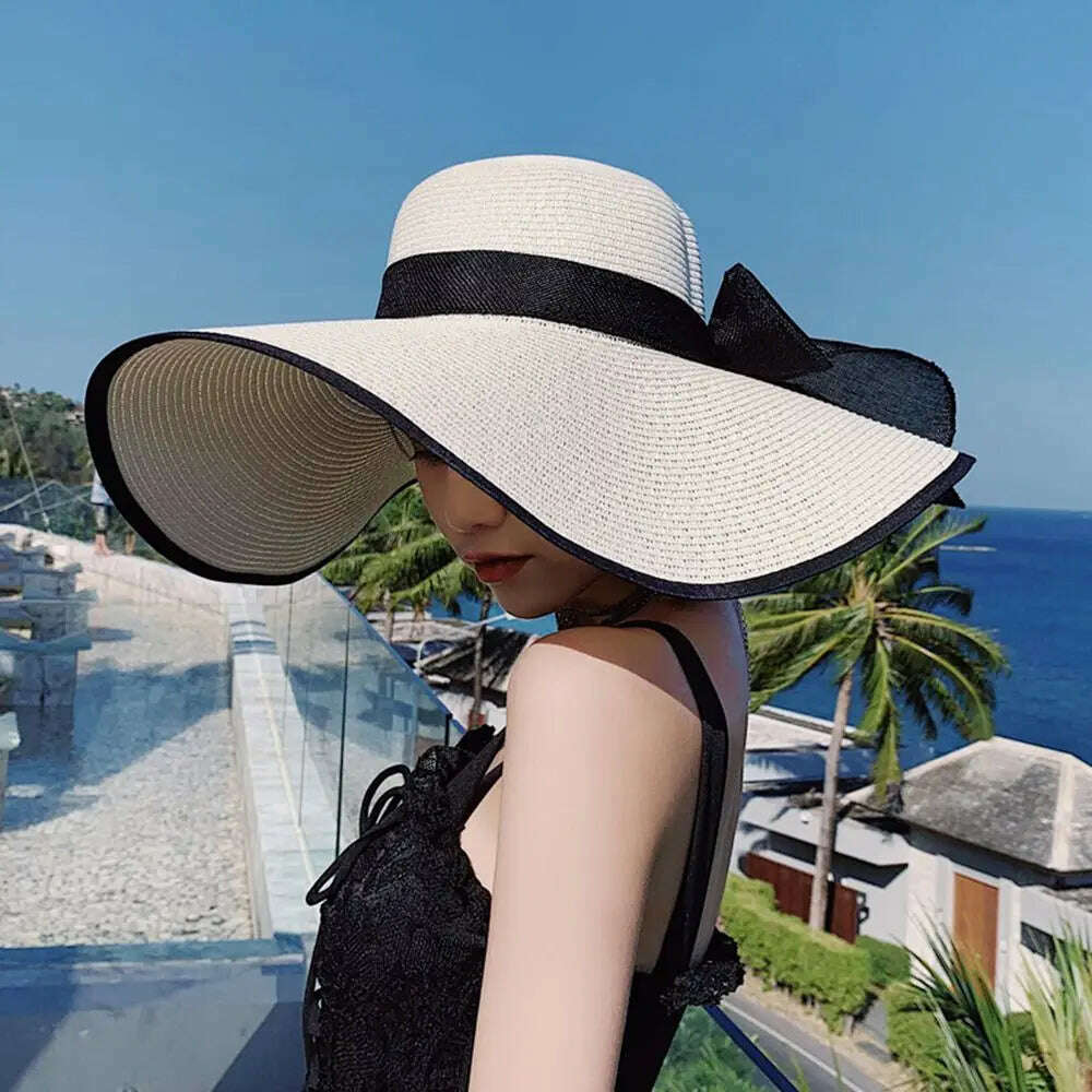 KIMLUD, Women's Big Straw Sun Hats Foldable Wide Brim UPF50+ Summer Beach Holiday Roll up Cap Elegant Panama Fashion Fisherman Hat, White-Black Bow, KIMLUD Womens Clothes