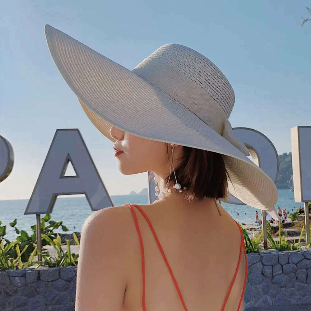 KIMLUD, Women's Big Straw Sun Hats Foldable Wide Brim UPF50+ Summer Beach Holiday Roll up Cap Elegant Panama Fashion Fisherman Hat, White-White Bow, KIMLUD Womens Clothes