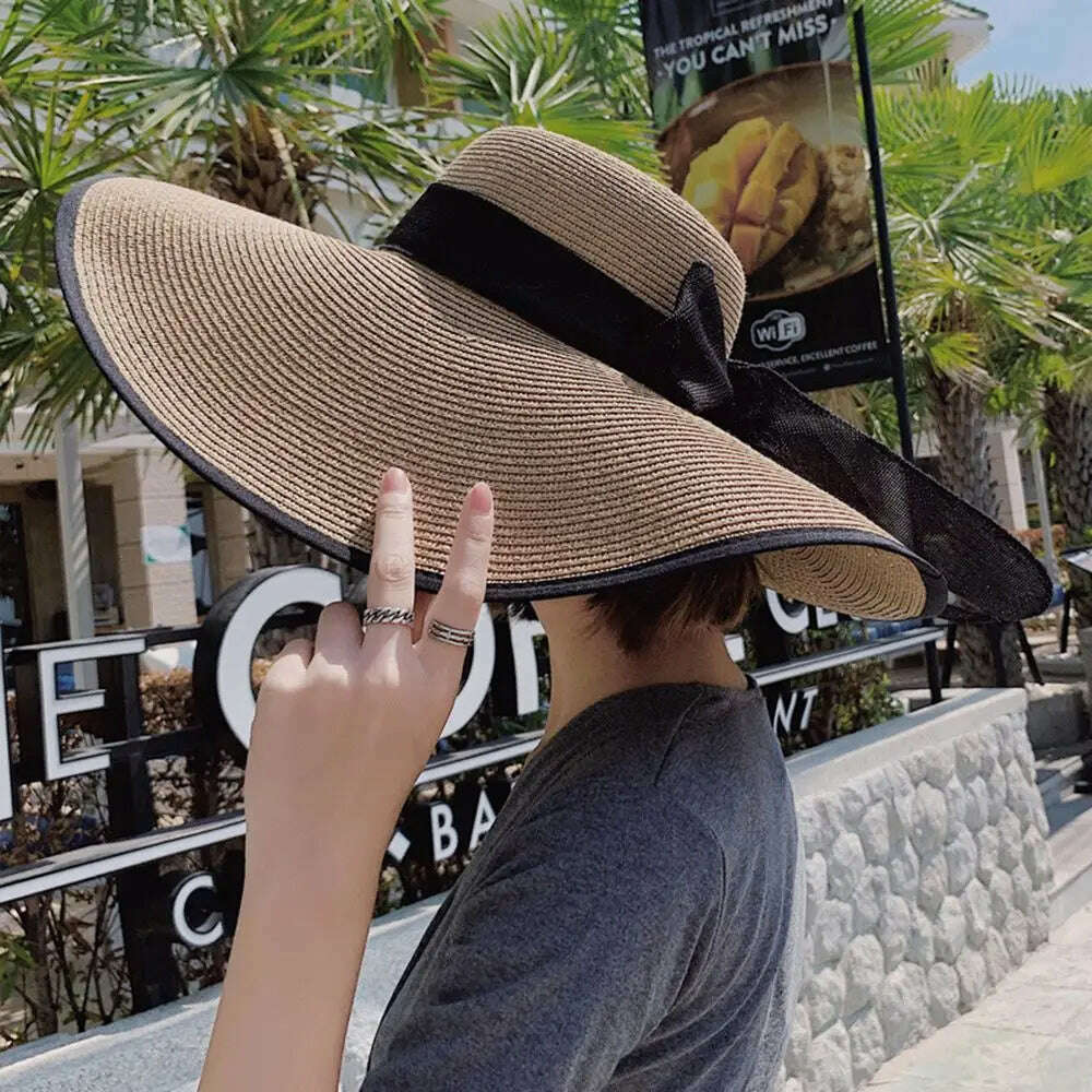 KIMLUD, Women's Big Straw Sun Hats Foldable Wide Brim UPF50+ Summer Beach Holiday Roll up Cap Elegant Panama Fashion Fisherman Hat, Khaki-Black Bow, KIMLUD Womens Clothes