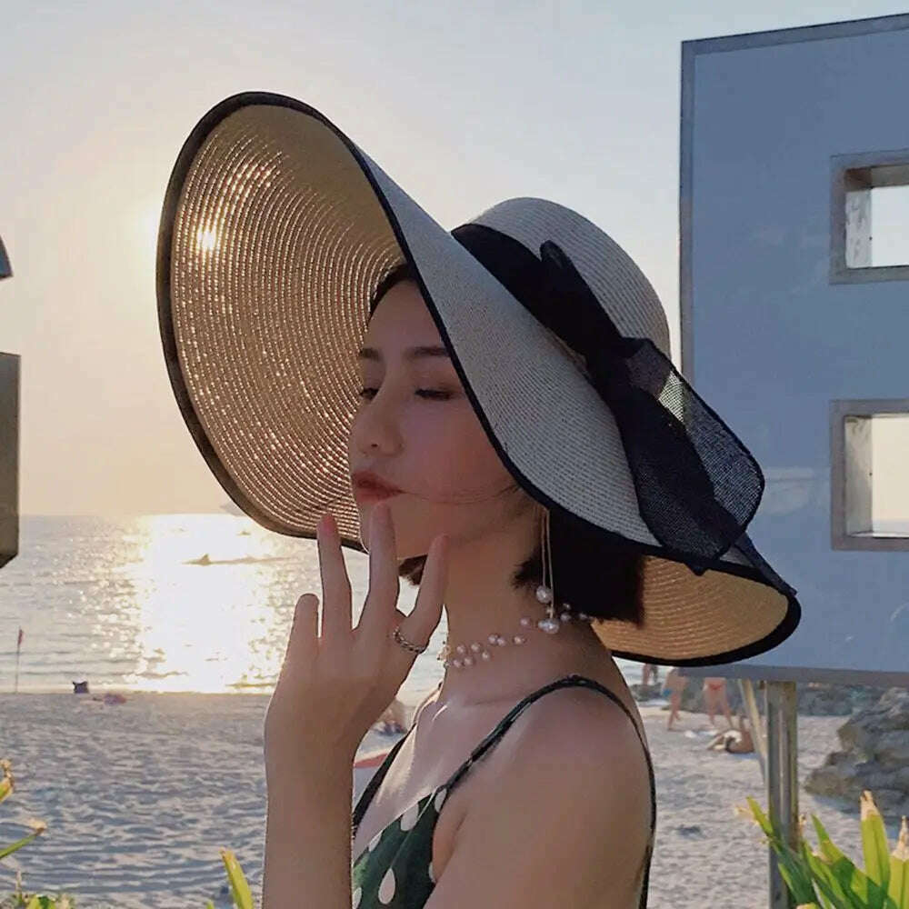 KIMLUD, Women's Big Straw Sun Hats Foldable Wide Brim UPF50+ Summer Beach Holiday Roll up Cap Elegant Panama Fashion Fisherman Hat, KIMLUD Womens Clothes