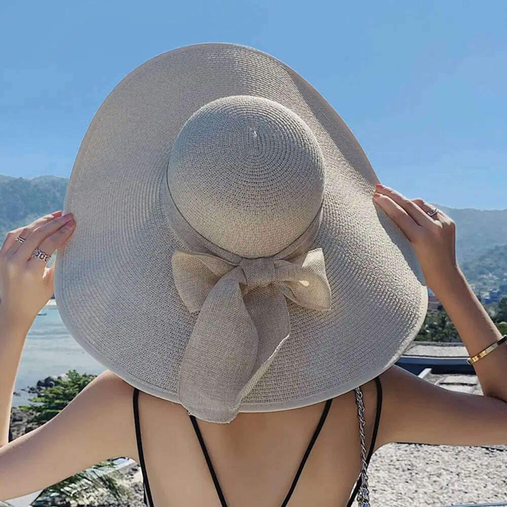KIMLUD, Women's Big Straw Sun Hats Foldable Wide Brim UPF50+ Summer Beach Holiday Roll up Cap Elegant Panama Fashion Fisherman Hat, Beige-Beige Bow, KIMLUD Womens Clothes