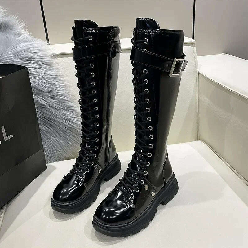 KIMLUD, Women's Boots 2022 Fashion Boots Women Shoes Knee High Boots Platform Lace Up Buckle Black Long Combat Boots Shoes of Women, KIMLUD Womens Clothes