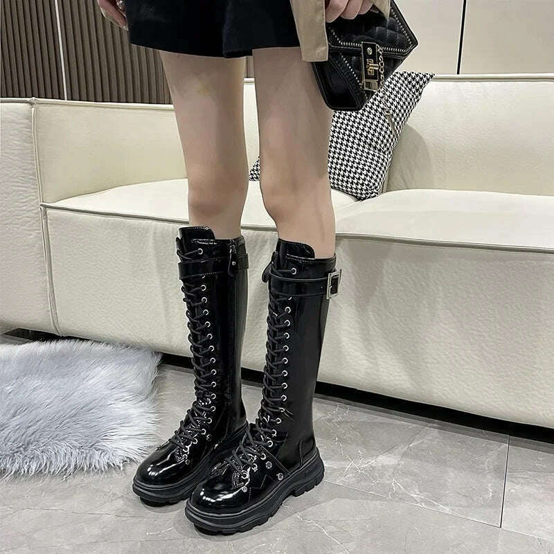 KIMLUD, Women's Boots 2022 Fashion Boots Women Shoes Knee High Boots Platform Lace Up Buckle Black Long Combat Boots Shoes of Women, KIMLUD Womens Clothes