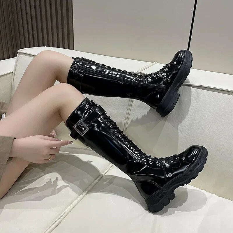 KIMLUD, Women's Boots 2022 Fashion Boots Women Shoes Knee High Boots Platform Lace Up Buckle Black Long Combat Boots Shoes of Women, KIMLUD Womens Clothes