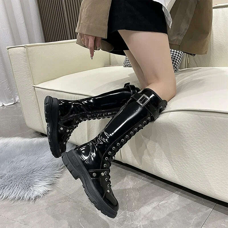 KIMLUD, Women's Boots 2022 Fashion Boots Women Shoes Knee High Boots Platform Lace Up Buckle Black Long Combat Boots Shoes of Women, KIMLUD Womens Clothes