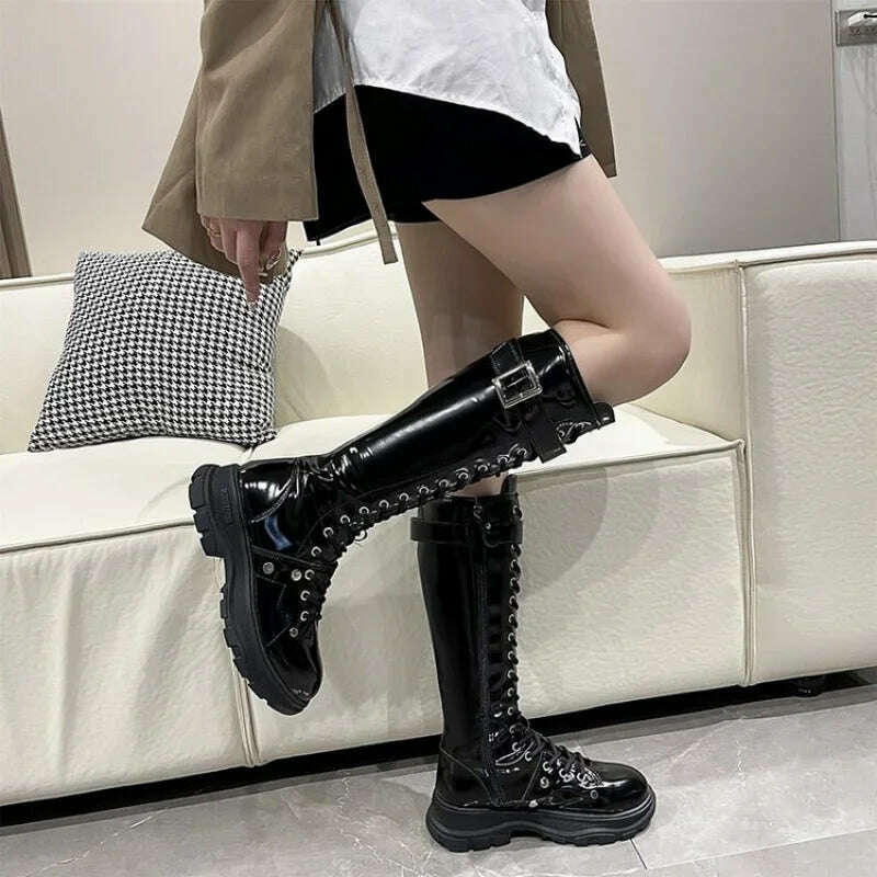KIMLUD, Women's Boots 2022 Fashion Boots Women Shoes Knee High Boots Platform Lace Up Buckle Black Long Combat Boots Shoes of Women, KIMLUD Womens Clothes