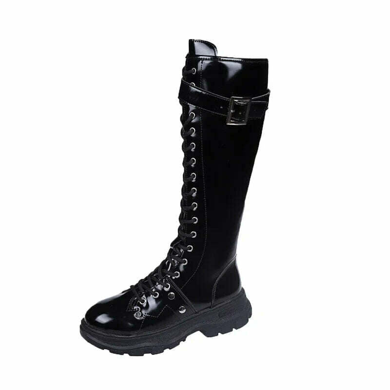 KIMLUD, Women's Boots 2022 Fashion Boots Women Shoes Knee High Boots Platform Lace Up Buckle Black Long Combat Boots Shoes of Women, KIMLUD Womens Clothes