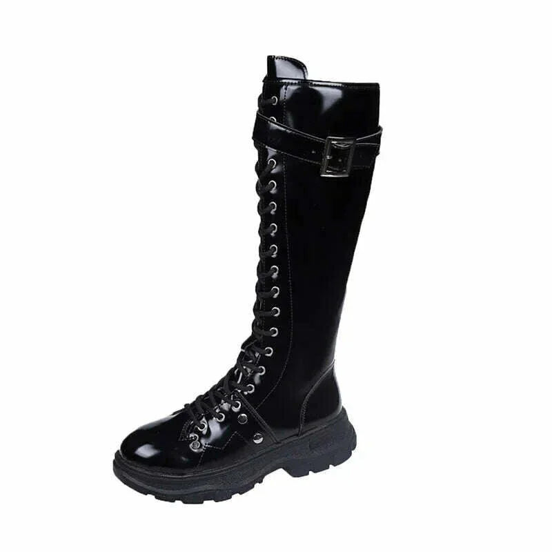 KIMLUD, Women's Boots 2022 Fashion Boots Women Shoes Knee High Boots Platform Lace Up Buckle Black Long Combat Boots Shoes of Women, KIMLUD Womens Clothes