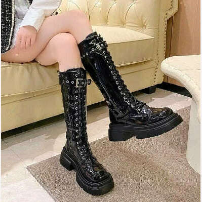 KIMLUD, Women's Boots 2022 Fashion Boots Women Shoes Knee High Boots Platform Lace Up Buckle Black Long Combat Boots Shoes of Women, black / 35, KIMLUD APPAREL - Womens Clothes