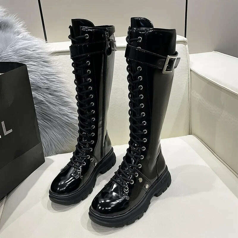 KIMLUD, Women's Boots 2022 Fashion Boots Women Shoes Knee High Boots Platform Lace Up Buckle Black Long Combat Boots Shoes of Women, KIMLUD Womens Clothes