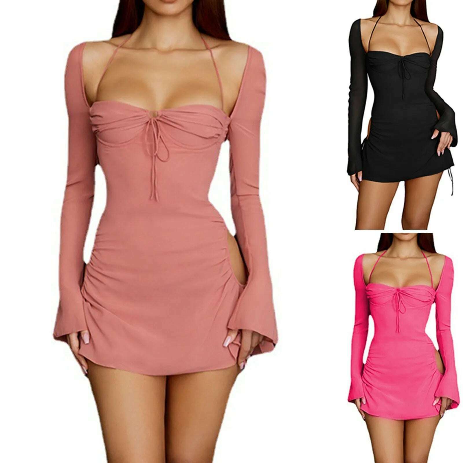 KIMLUD, Women's Casual Dress Autumn Long Sleeve Solid Color High Waist Square Neck Mini Dress Elegant And Cute Maxi Dresses for Women, KIMLUD Womens Clothes