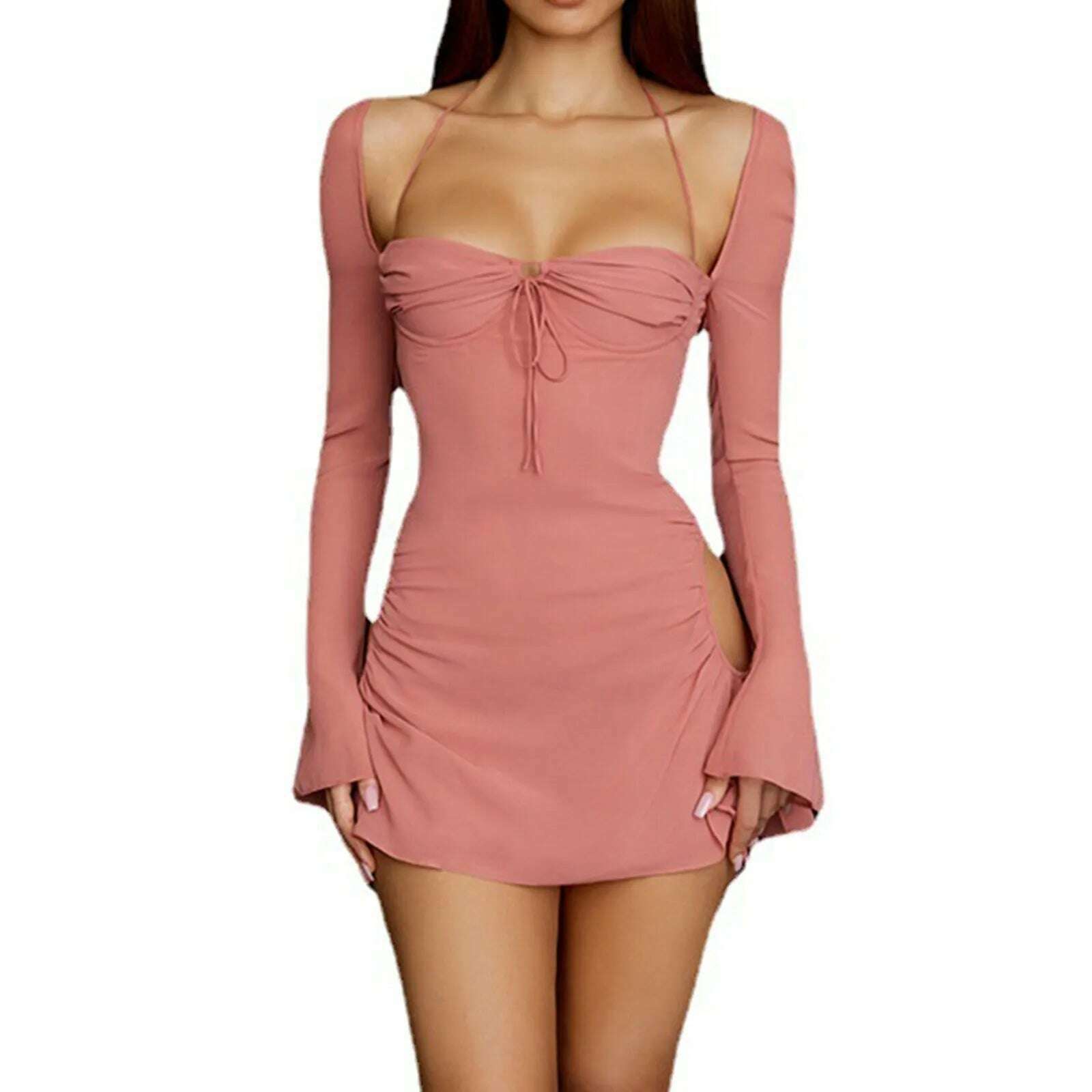 KIMLUD, Women's Casual Dress Autumn Long Sleeve Solid Color High Waist Square Neck Mini Dress Elegant And Cute Maxi Dresses for Women, Pink / S / United States, KIMLUD APPAREL - Womens Clothes