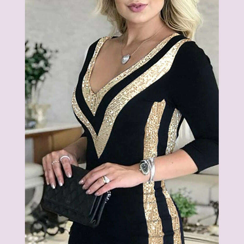 KIMLUD, Women's Casual Dress Contrast Sequin V-Neck Bodycon Dress 2024 Latest Evening Sexy Gentlewoman Style Skinny Wrap Hip Midi Dress, KIMLUD Womens Clothes