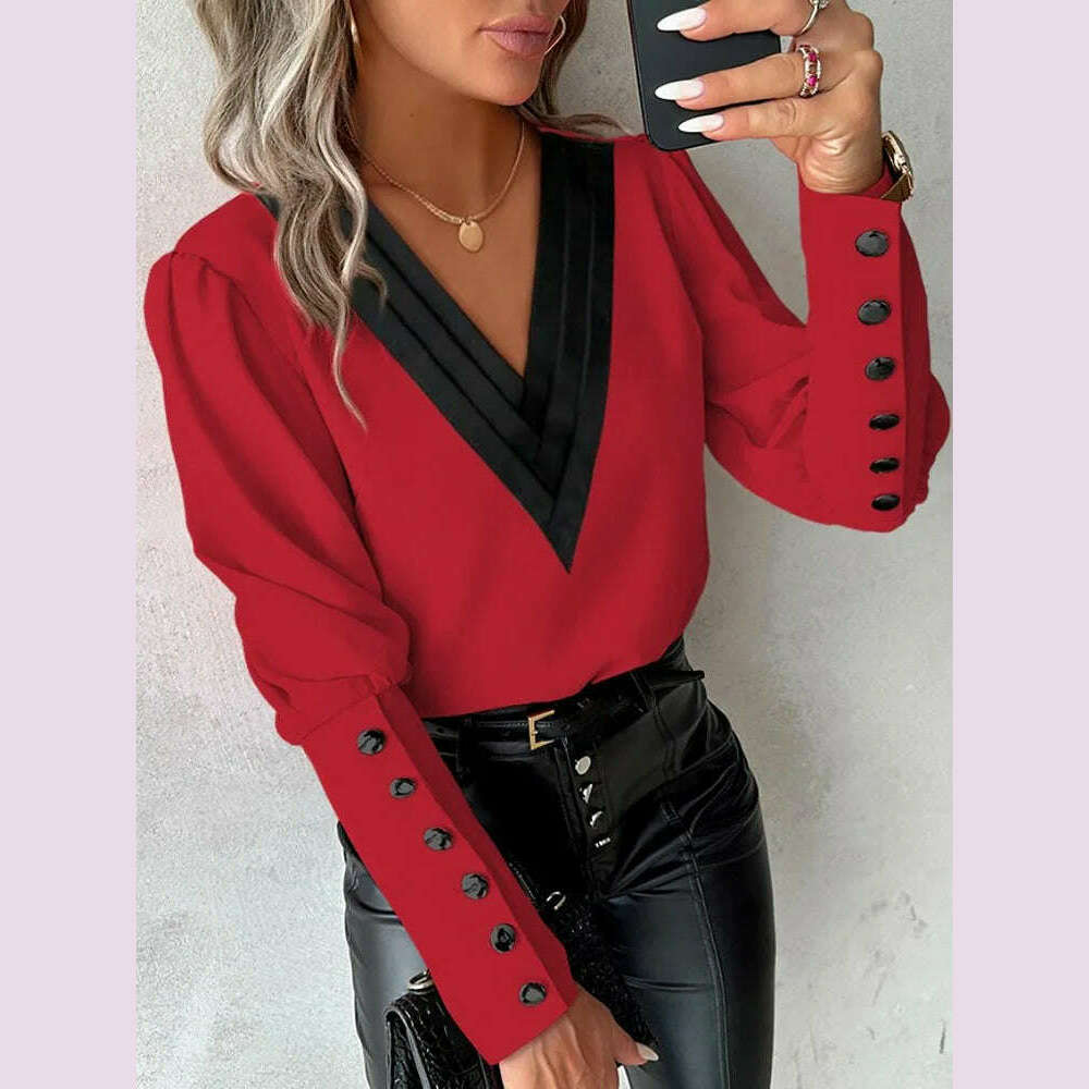 Women's Casual Shirt Autumn Fashion V-neck Patchwork White Long Sleeve Button Office Lady Blouse Women Streetwear Tops Clothing - KIMLUD