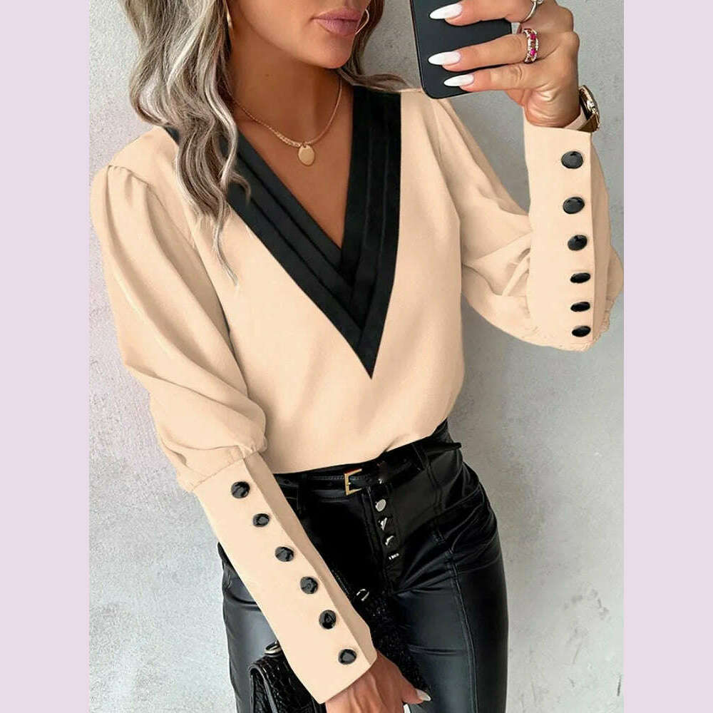 Women's Casual Shirt Autumn Fashion V-neck Patchwork White Long Sleeve Button Office Lady Blouse Women Streetwear Tops Clothing - KIMLUD