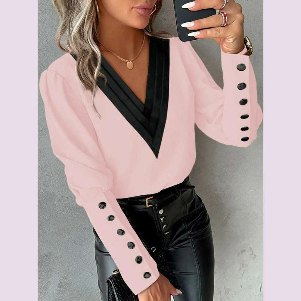 Women's Casual Shirt Autumn Fashion V-neck Patchwork White Long Sleeve Button Office Lady Blouse Women Streetwear Tops Clothing - KIMLUD
