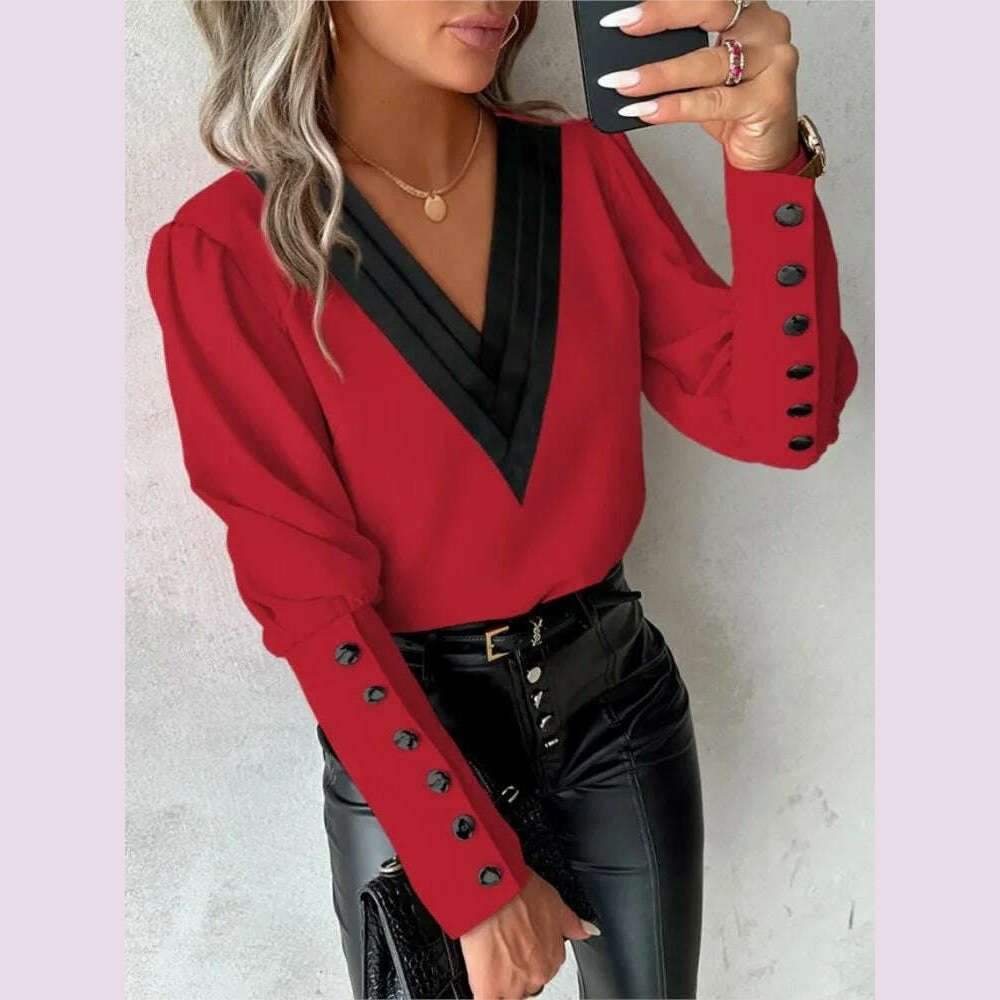 Women's Casual Shirt Autumn Fashion V-neck Patchwork White Long Sleeve Button Office Lady Blouse Women Streetwear Tops Clothing - KIMLUD