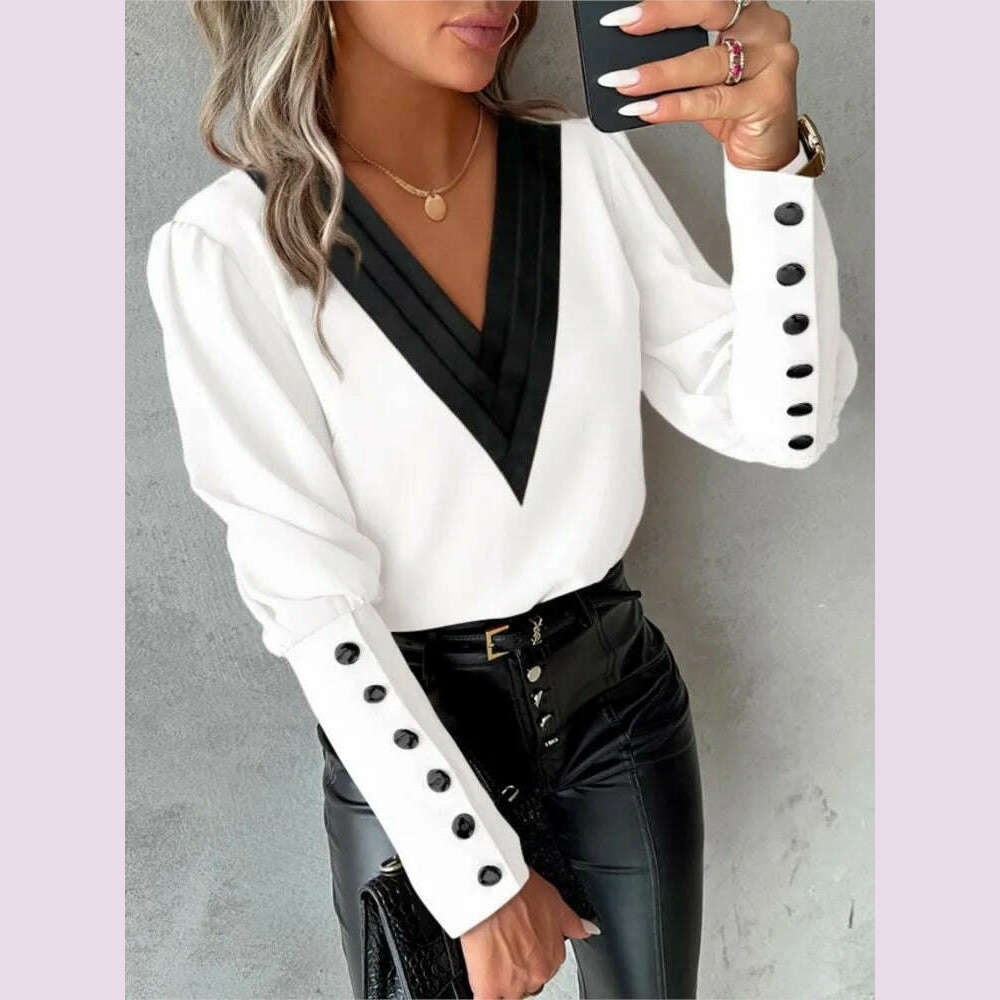 Women's Casual Shirt Autumn Fashion V-neck Patchwork White Long Sleeve Button Office Lady Blouse Women Streetwear Tops Clothing - KIMLUD