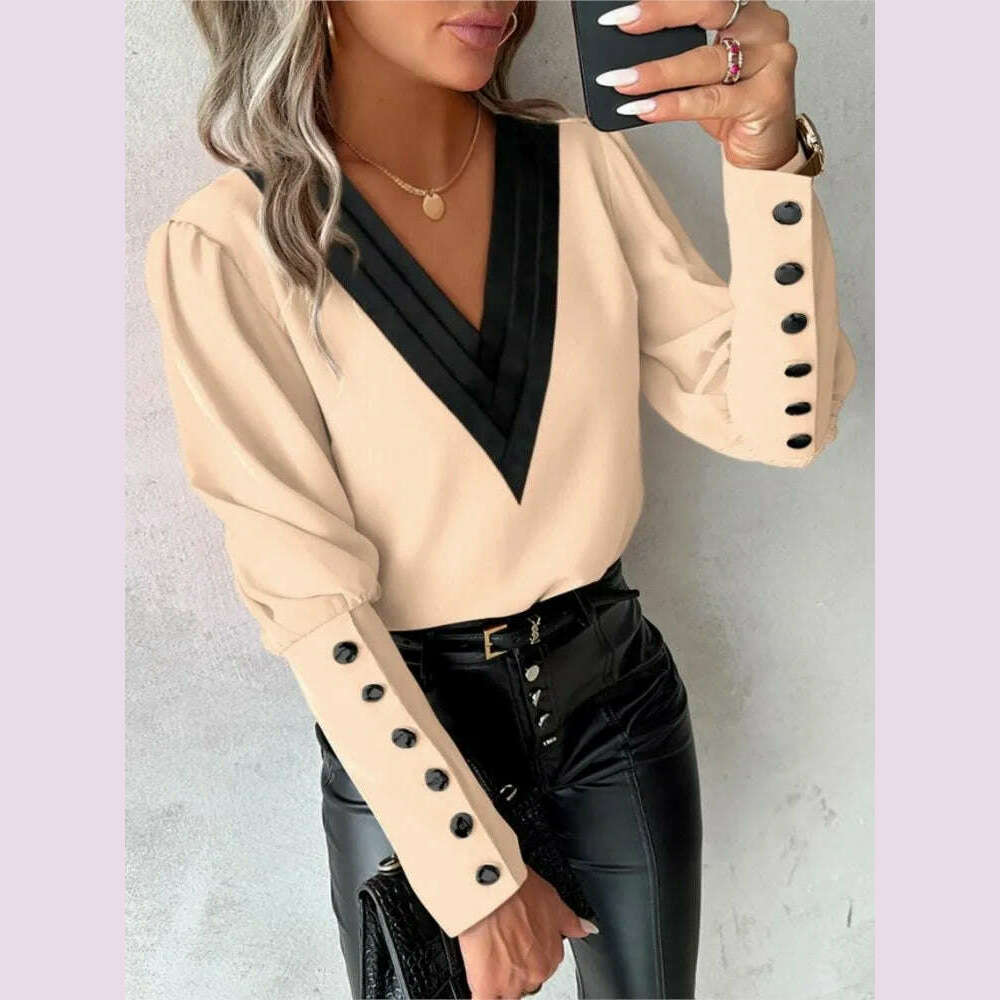 Women's Casual Shirt Autumn Fashion V-neck Patchwork White Long Sleeve Button Office Lady Blouse Women Streetwear Tops Clothing - KIMLUD