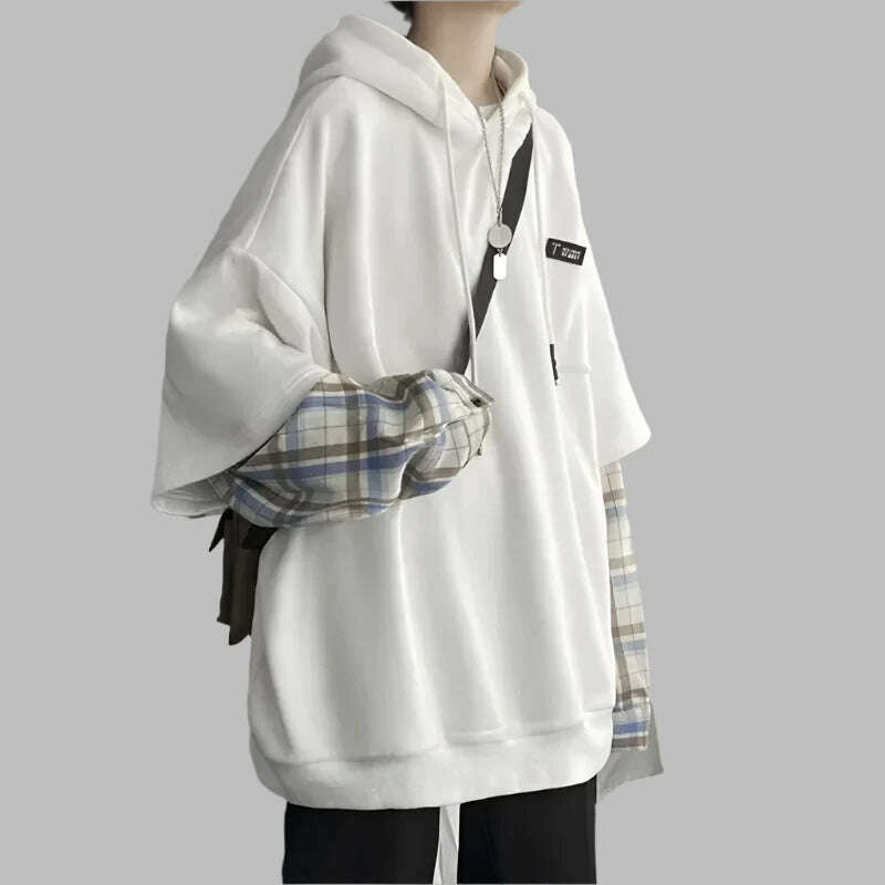Women's Clothing Fake Two Hoodies Patchwork Plaid Hooded Oversized Tops Korean Y2K Clothes for Teens Harajuku Casual Sweatshirt - KIMLUD