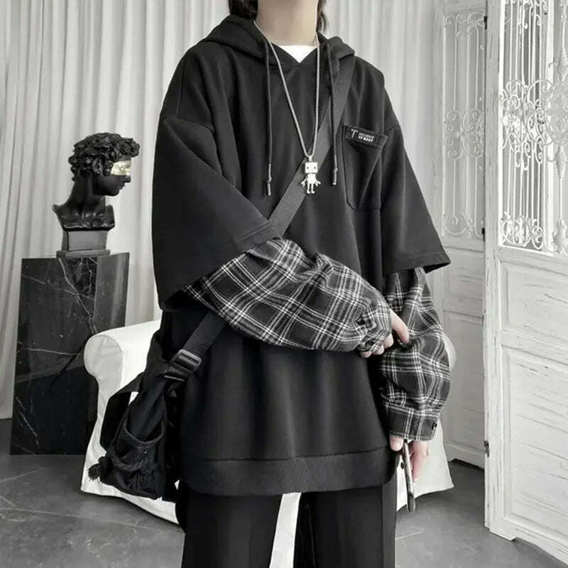 Women's Clothing Fake Two Hoodies Patchwork Plaid Hooded Oversized Tops Korean Y2K Clothes for Teens Harajuku Casual Sweatshirt - KIMLUD
