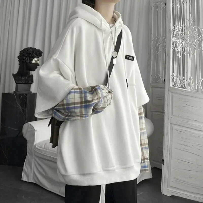 Women's Clothing Fake Two Hoodies Patchwork Plaid Hooded Oversized Tops Korean Y2K Clothes for Teens Harajuku Casual Sweatshirt - KIMLUD