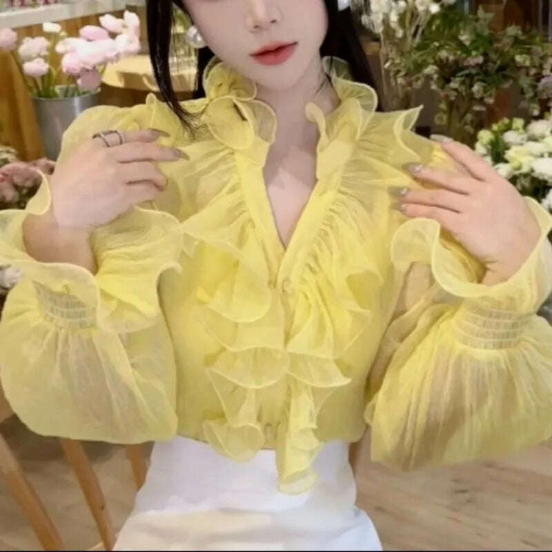 KIMLUD, Women's Clothing Perspective Fashion Ruched V-Neck Solid Color Blouse Spring Summer Korean Commute Flare Sleeve Ruffles Shirt, Yellow / XL(60-70)kg, KIMLUD APPAREL - Womens Clothes