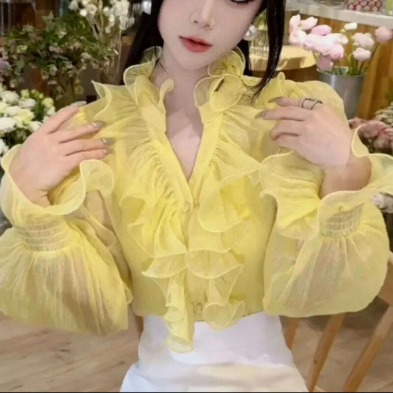KIMLUD, Women's Clothing Perspective Fashion Ruched V-Neck Solid Color Blouse Spring Summer Korean Commute Flare Sleeve Ruffles Shirt, KIMLUD Womens Clothes