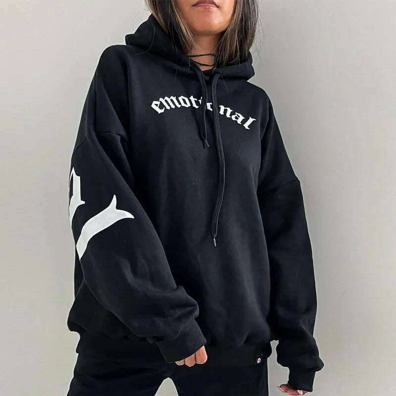KIMLUD, Women's Clothing Trendy Casual Long Sleeve Hooded Hoodies Fashion Letter Print Y2K Oversize Sweatshirt Female Loose Top Pullover, 01 / S, KIMLUD APPAREL - Womens Clothes