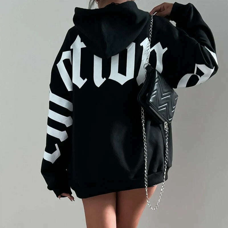 KIMLUD, Women's Clothing Trendy Casual Long Sleeve Hooded Hoodies Fashion Letter Print Y2K Oversize Sweatshirt Female Loose Top Pullover, KIMLUD Womens Clothes