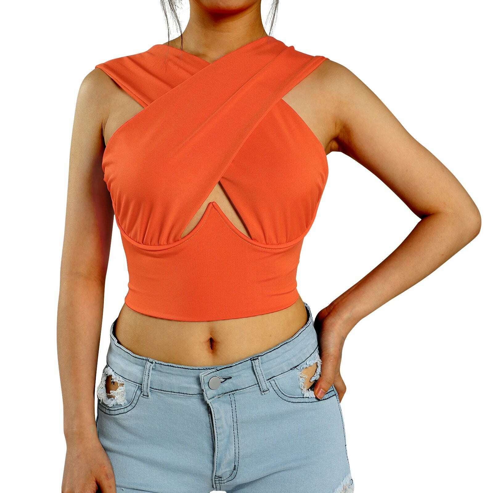 KIMLUD, Women's Criss Cross Tank Tops Sexy Sleeveless Solid Color Cutout Front Crop Tops Party Club Streetwear Summer Lady Bustier Tops, KIMLUD Womens Clothes