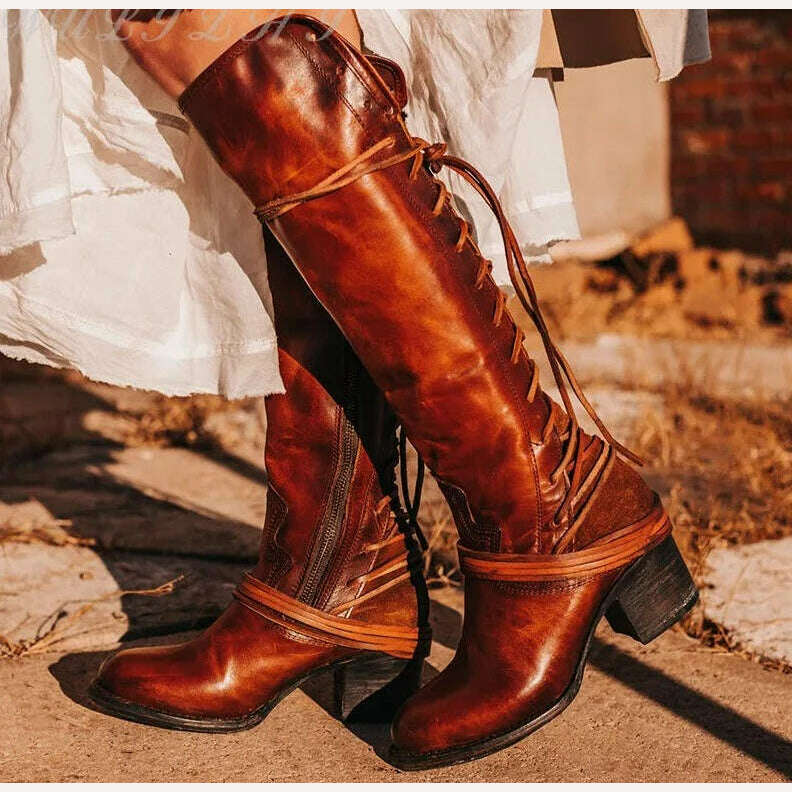 KIMLUD, Women's Cross Strap Red Brown Knee High Boots Luxury 2023 Leather Thick High Heel Zipper Pointed Toe Western Ladies Riding Boots, KIMLUD Womens Clothes