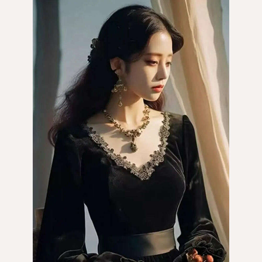KIMLUD, Women's Dress Hepburn Style Black Vintage Dress French Velvet Autumn Spring Women's Lace Court Dress Bodycon Clothing 2024, KIMLUD Womens Clothes