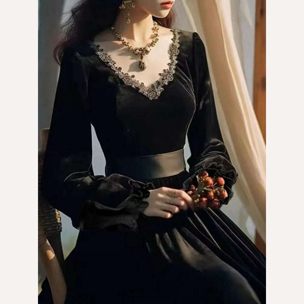 KIMLUD, Women's Dress Hepburn Style Black Vintage Dress French Velvet Autumn Spring Women's Lace Court Dress Bodycon Clothing 2024, KIMLUD Womens Clothes