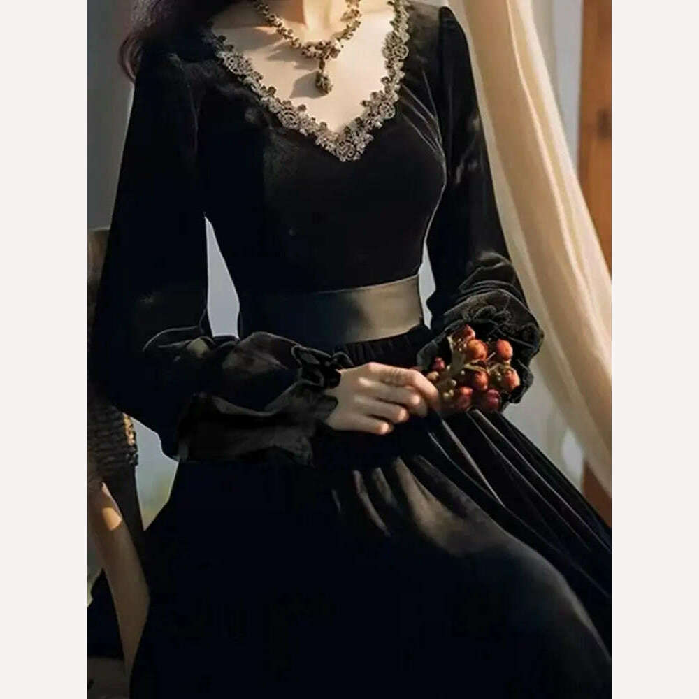KIMLUD, Women's Dress Hepburn Style Black Vintage Dress French Velvet Autumn Spring Women's Lace Court Dress Bodycon Clothing 2024, KIMLUD Womens Clothes