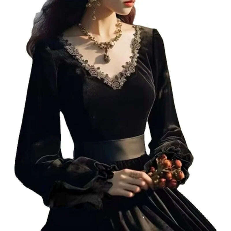 KIMLUD, Women's Dress Hepburn Style Black Vintage Dress French Velvet Autumn Spring Women's Lace Court Dress Bodycon Clothing 2024, KIMLUD Womens Clothes