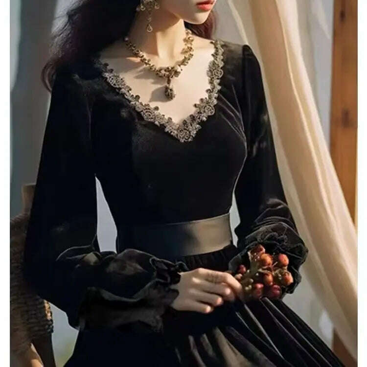 KIMLUD, Women's Dress Hepburn Style Black Vintage Dress French Velvet Autumn Spring Women's Lace Court Dress Bodycon Clothing 2024, black / S 4kg-47kg, KIMLUD APPAREL - Womens Clothes