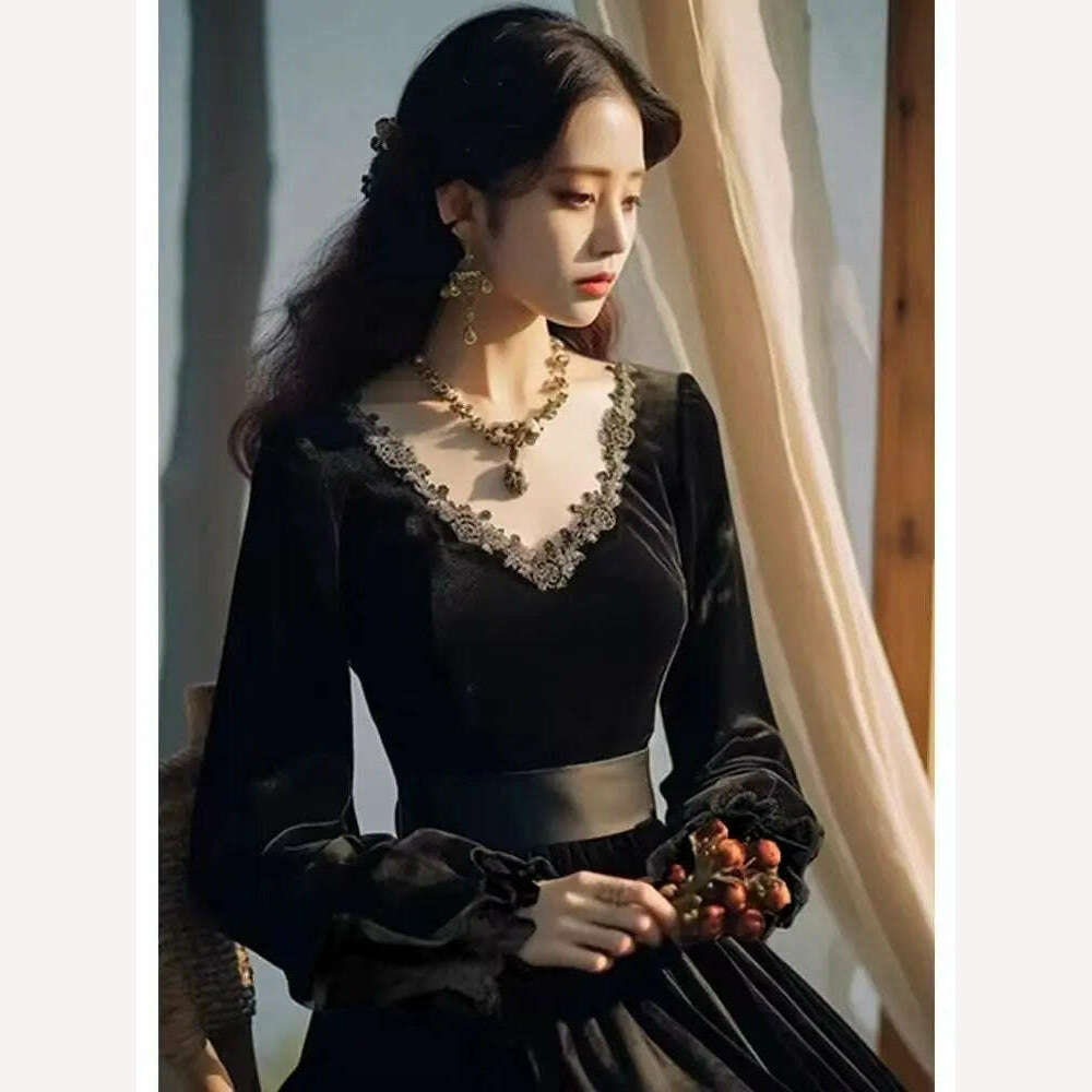 KIMLUD, Women's Dress Hepburn Style Black Vintage Dress French Velvet Autumn Spring Women's Lace Court Dress Bodycon Clothing 2024, KIMLUD Womens Clothes