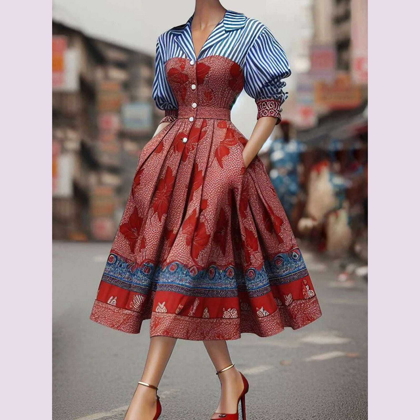 KIMLUD, Womens Dress Vintage Floral Print Straiped Pockets Turn Down Collar Puffl Sleeve Patchwork Pleated Button A-Line Elegant Dresses, Red / S / CHINA, KIMLUD APPAREL - Womens Clothes