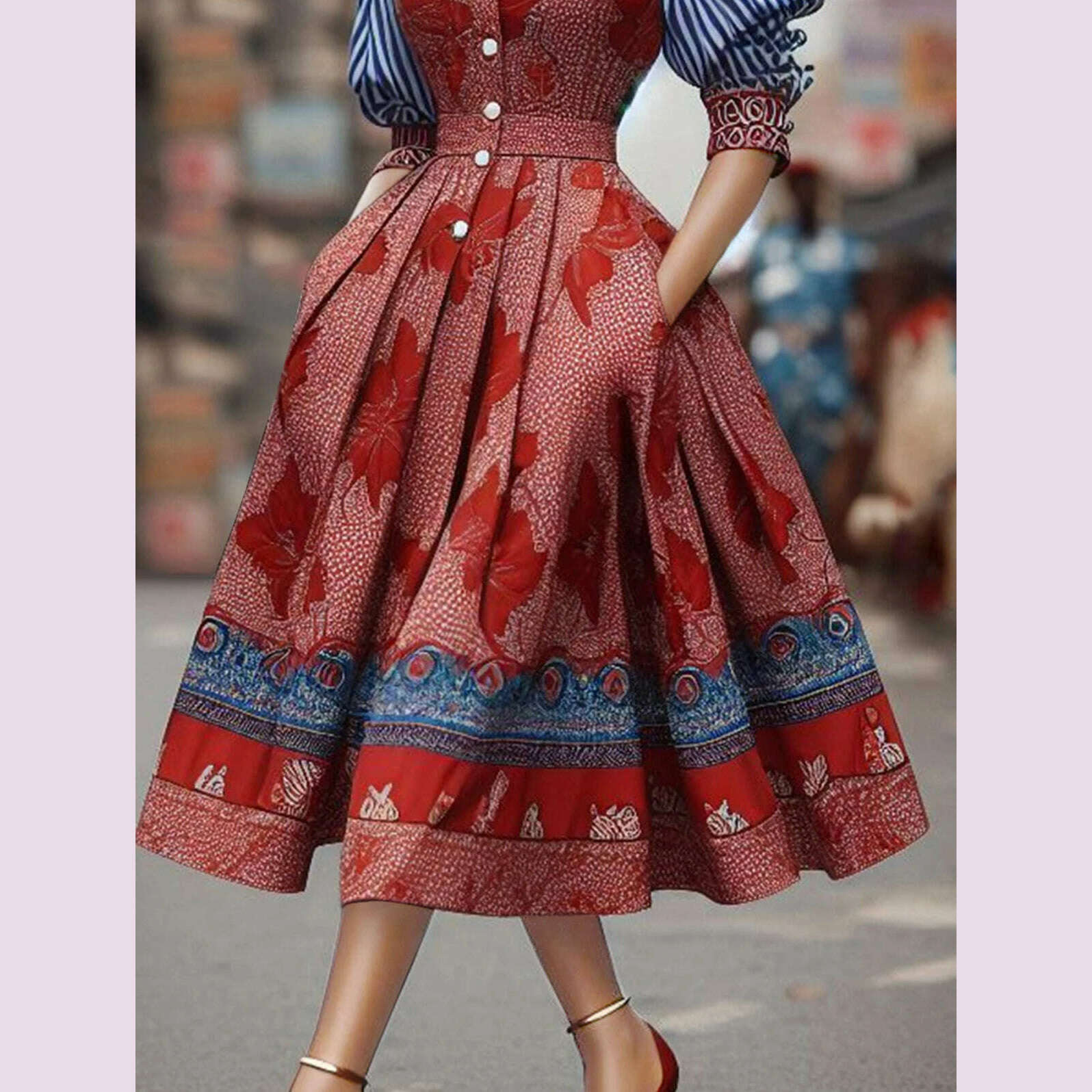 KIMLUD, Womens Dress Vintage Floral Print Straiped Pockets Turn Down Collar Puffl Sleeve Patchwork Pleated Button A-Line Elegant Dresses, KIMLUD Womens Clothes